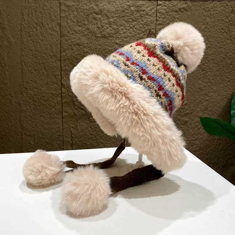 Winter Thickened Fleece-Lined Warm Lei Feng Hat for Women Knitted Jacquard Pattern Earflap Hat Northeast Cold-Proof Versatile Casual Hat S260225