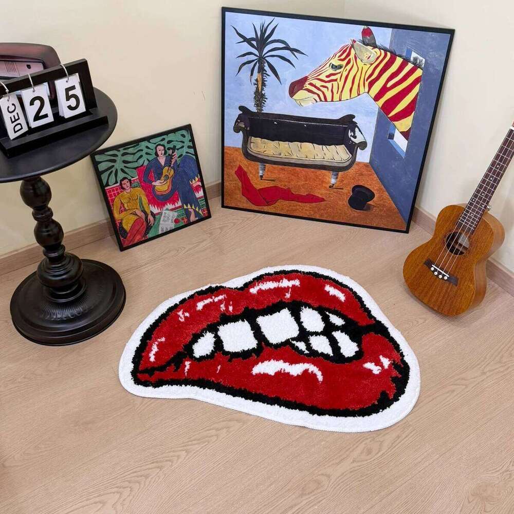 Bold Red Lips Tufted Rug Fluffy Anti-Slip Floor Mat for Bedroom Living Room Bathroom Creative Cartoon Mouth Shape Area Carpet W260226