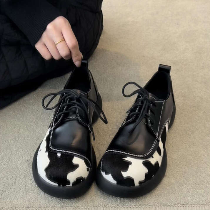 Cowhide 2025 Horsehair Niche Design Cow Color Block Lace-up Genuine Loafers Thick Sole Fashion Small Leather Shoes for Women L260226