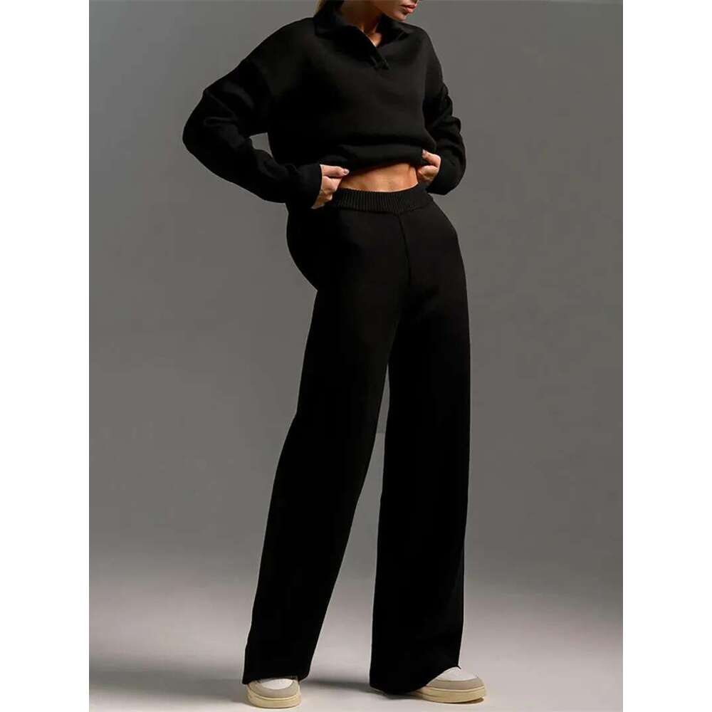 Winter thick women's knitted suit, soft women's sweater, wide leg set, two-piece set, long pants, oversized