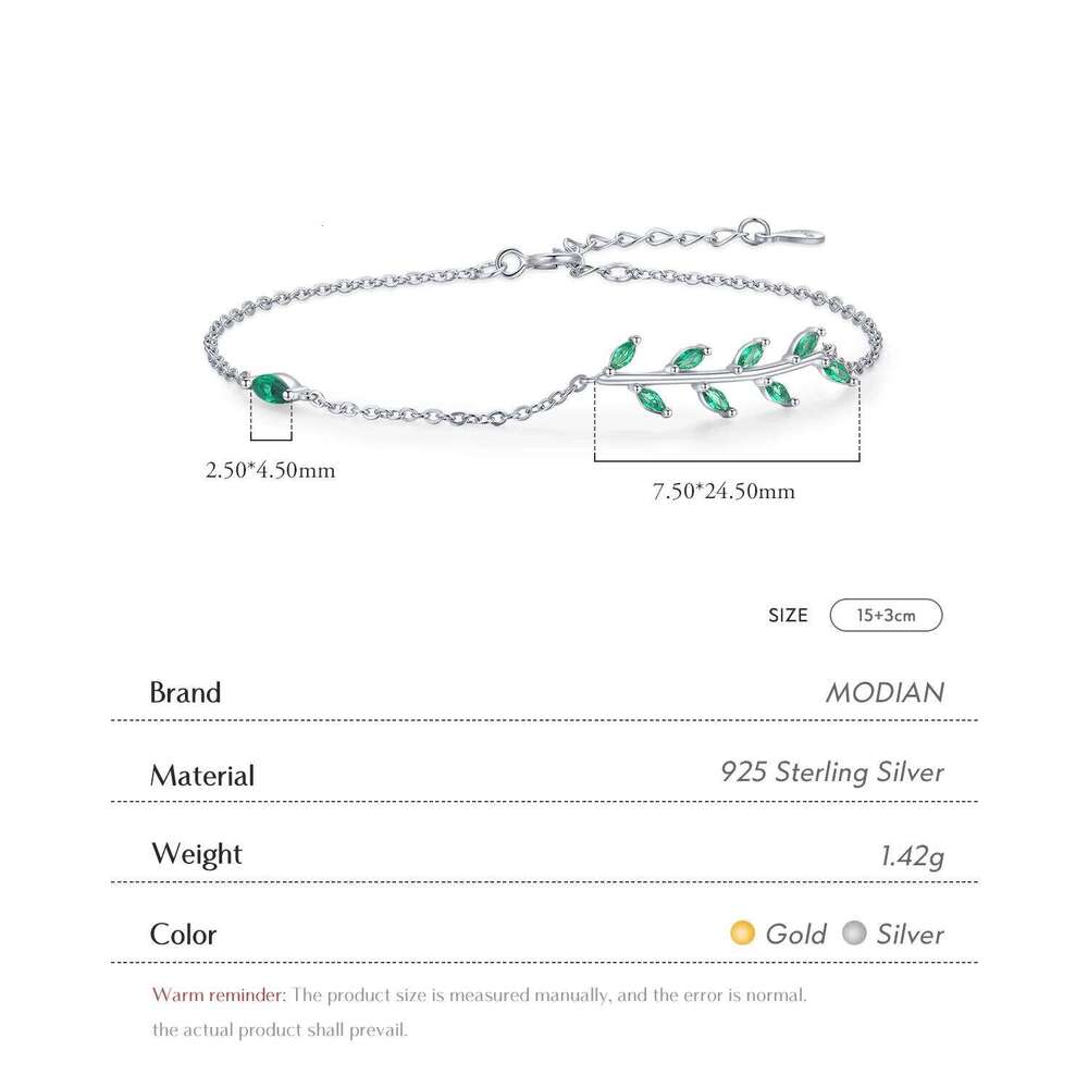 MODIAN 925 Sterling Silver Green Leaf Zirconia Adjustable Link Chain Bracelet For Women Fashion Wedding Jewelry Accessories Z260225