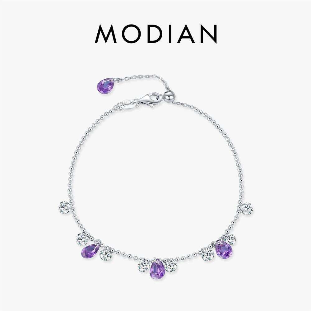 MODIAN Beads Link Chain 925 Sterling Silver Purple Zirconia Water Drop Charm Stackable Bracelet For Women Jewelry Gift Z260225