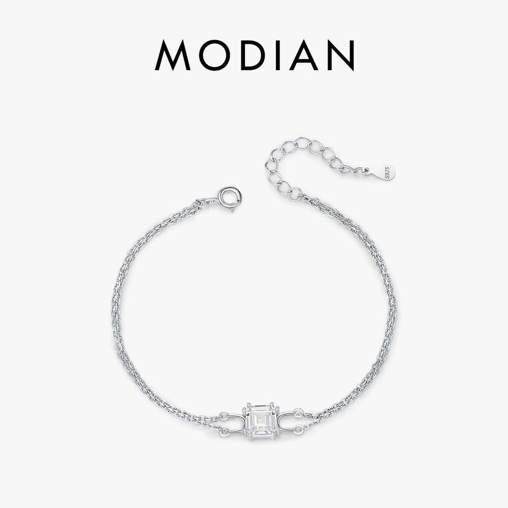 MODIAN 925 Sterling Silver Double Layer Link Chain Bracelet Shiny Square Emerald Cut Wedding Jewelry For Women Anniversary Gift Z260225
