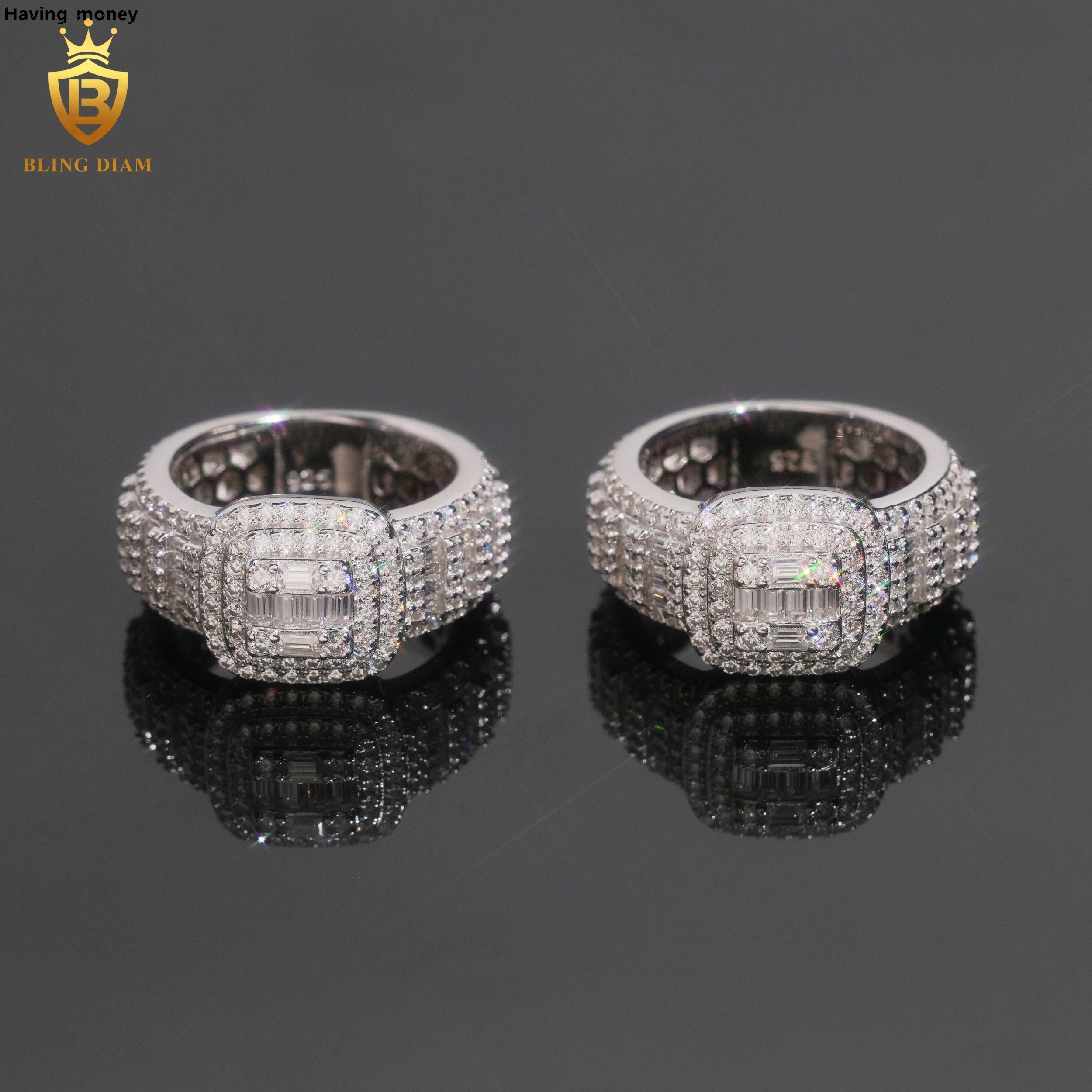 Hot Saling 925 Silver Moissanite Rings Iced Out Baguette Cut Moissanite Rings Mens HipHop VVS Moissanite Rings Past Diamond Test