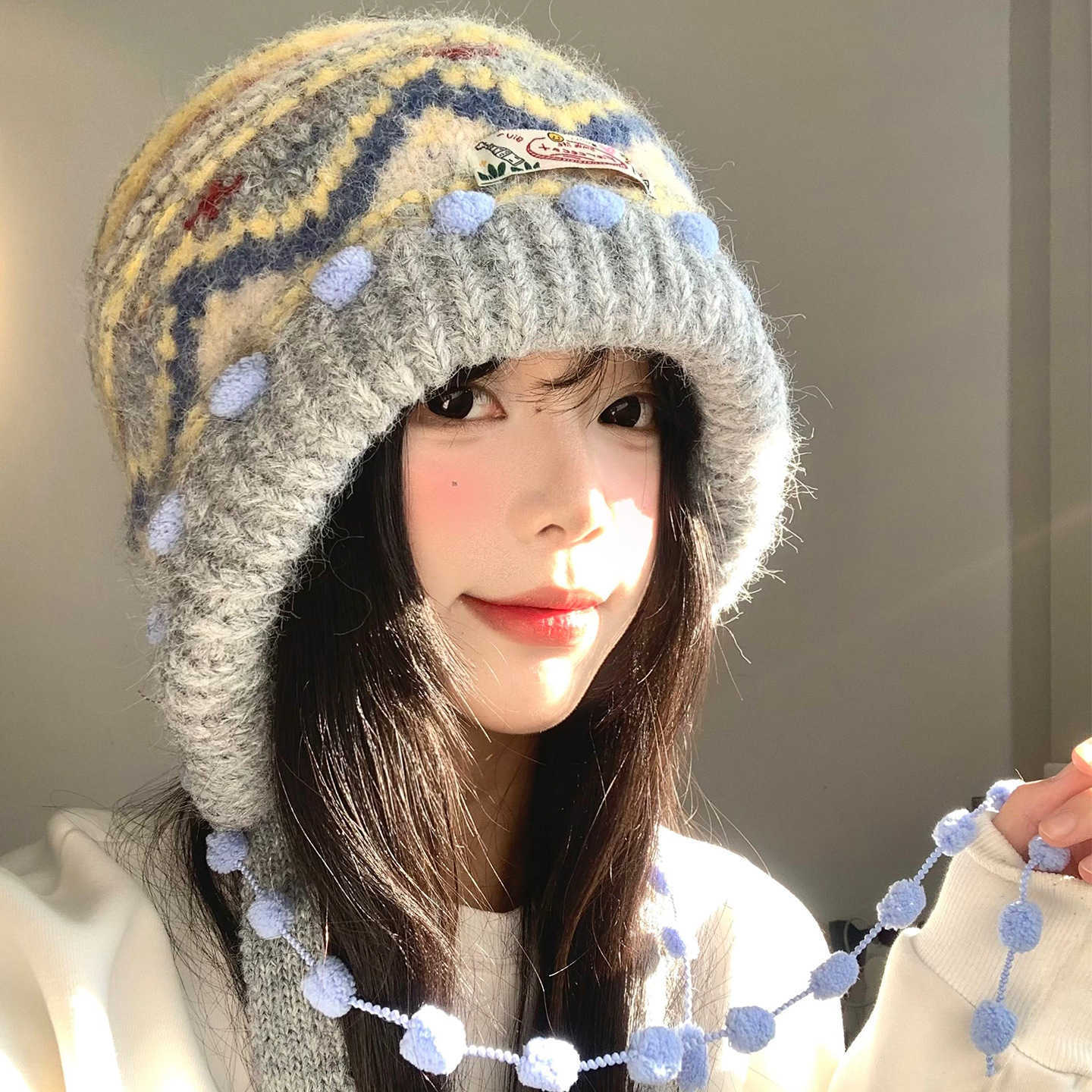 Fair Isle Color-Block Knitted Wool Hat for Women Autumn and Winter Versatile Large Head Circumference Face Slimming Ear Protection Warm Pullover Hat S