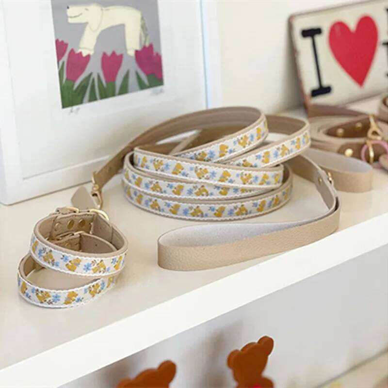 Soft Leather Pet Exquisite Embroidery Dog Collar and Leash Set Yorkshire Terrier Schnauzer Poodle Puppy Collars