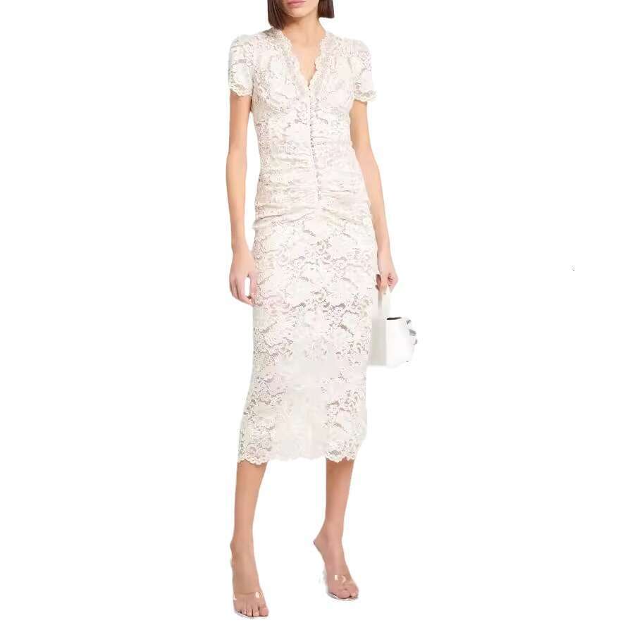 2026 Summer Fashion Elegant Lace V-neck Slim Fit Women's Midi Dress Suitable for Social Goddess