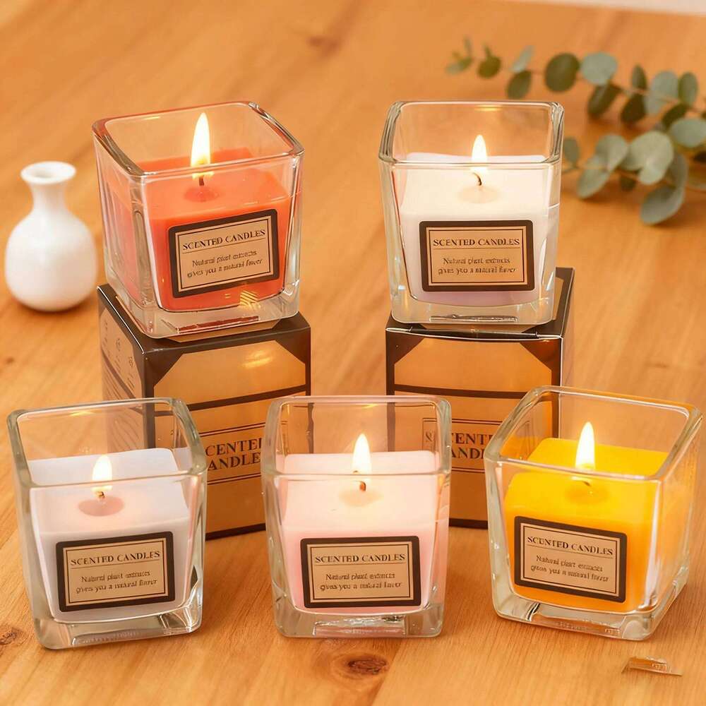 Scented Candle in Square Cup, Creates Cozy Home Ambiance, Relaxing Aromatherapy Gift, Modern Decor for Bedroom, Long Burning Can W260226