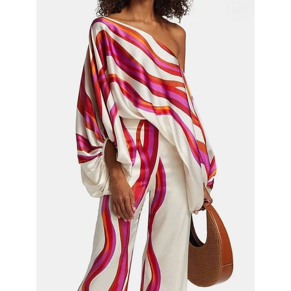 Women's Pants Women's Satin Summer Lantern Sleeve Off Shoulder Shirt Office Women's Fashion Casual Wide Leg Set