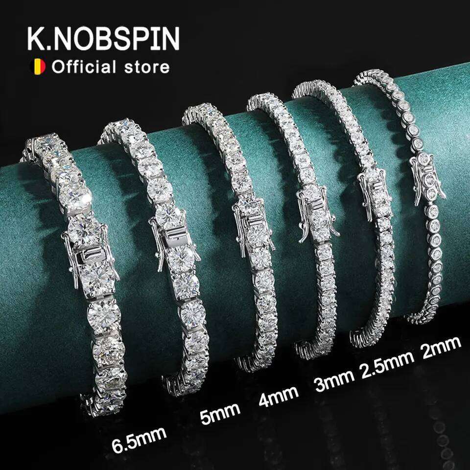 KNOBSPIN 2mm Moissanite Tennis 925 Sterling Silver Plated White Gold Bracelet for Women Man Sparkling Party Jewelry Z260225