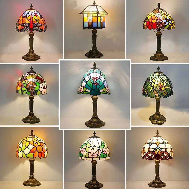 Vintage Tiffany Table Stained Glass Desk Light Bedside Nightstand Lamp Bedroom Living Room Office Reading Decor Lighting H260225