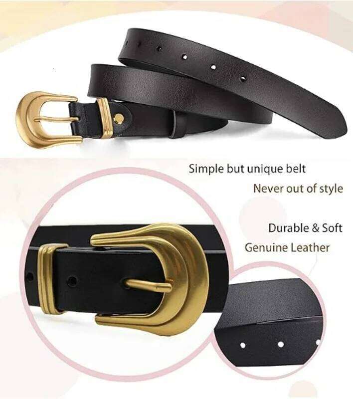 Genuine Women's with Gold Buckle Western for Women Black Leather Belt Retro Waist Belts Y260225