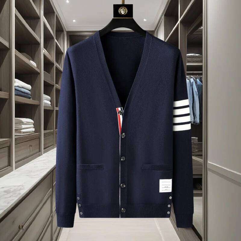 brand men's knitted sweater for autumn and winter striped design Korean version boutique cardigan casual jacket H260226