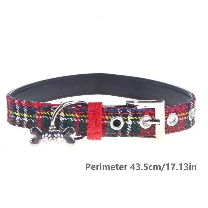 Scottish Plaid Classic Red PU Leather Earthy Yellow Twill Dog Supplies Adjustable Pet Collar