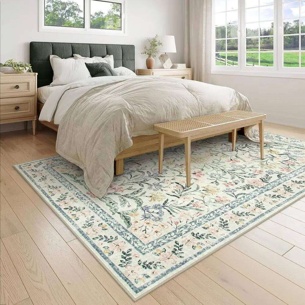 5x7 Washable Floral Area Rug, Soft Boho Style Carpet for Bedroom, Non-Slip Beige Living Room Mat W260226