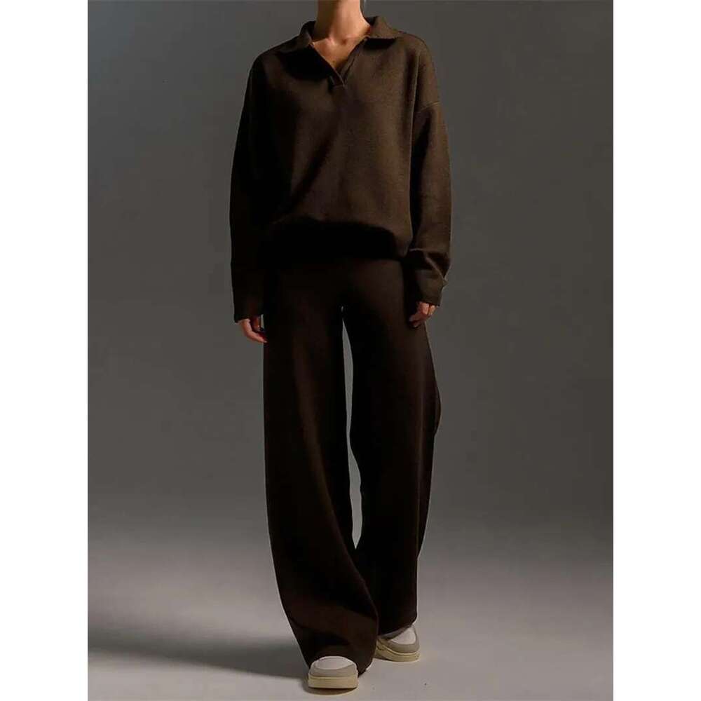 Winter thick women's knitted suit, soft women's sweater, wide leg set, two-piece set, long pants, oversized