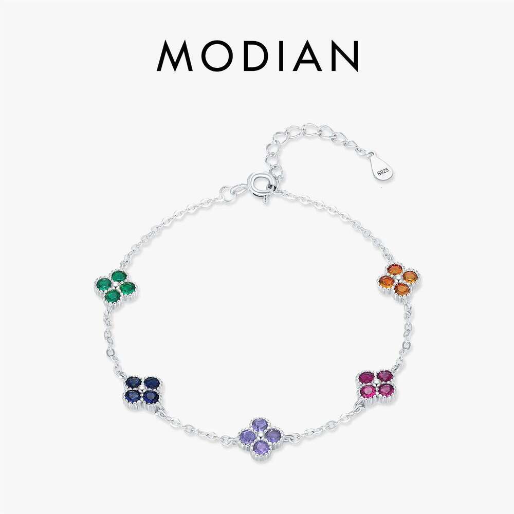 MODIAN 925 Sterling Silver Sweet Four Leaf Clover Colorful Zirconia Charm Fashion Stackable Bracelet For Women Fine Jewelry Z260225