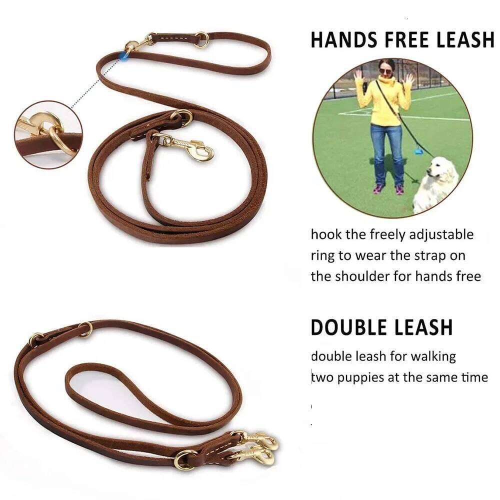 Real Leather Multifunctional Dog Tie Out Cable Pet Hands Free for Walking Running Double Dogs Leash Leads