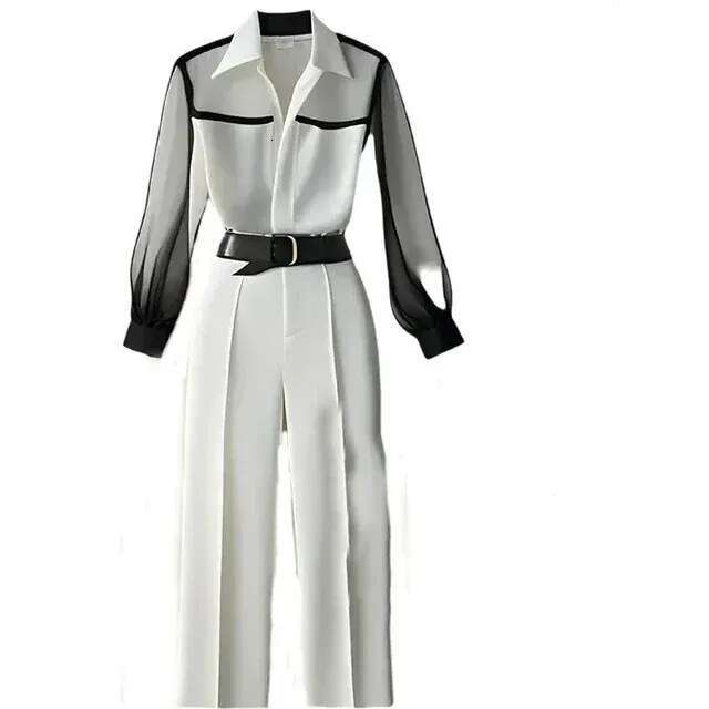 Women's White Pants Loose Set Retro Perspective Autumn Shirt Sleeve Korean Top 2026