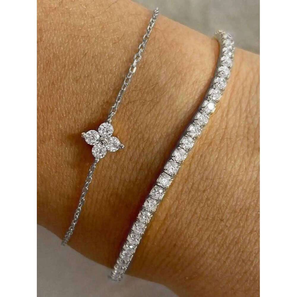 2pcs Simple Cubic Zirconia Flower Water Chain Women's Bracelet Set Daily Office Jewelry Z260225