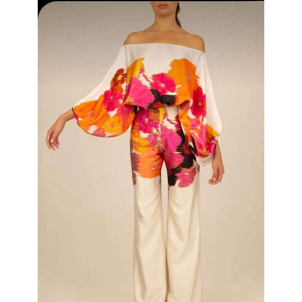 Women's Pants Women's Satin Summer Lantern Sleeve Off Shoulder Shirt Office Women's Fashion Casual Wide Leg Set
