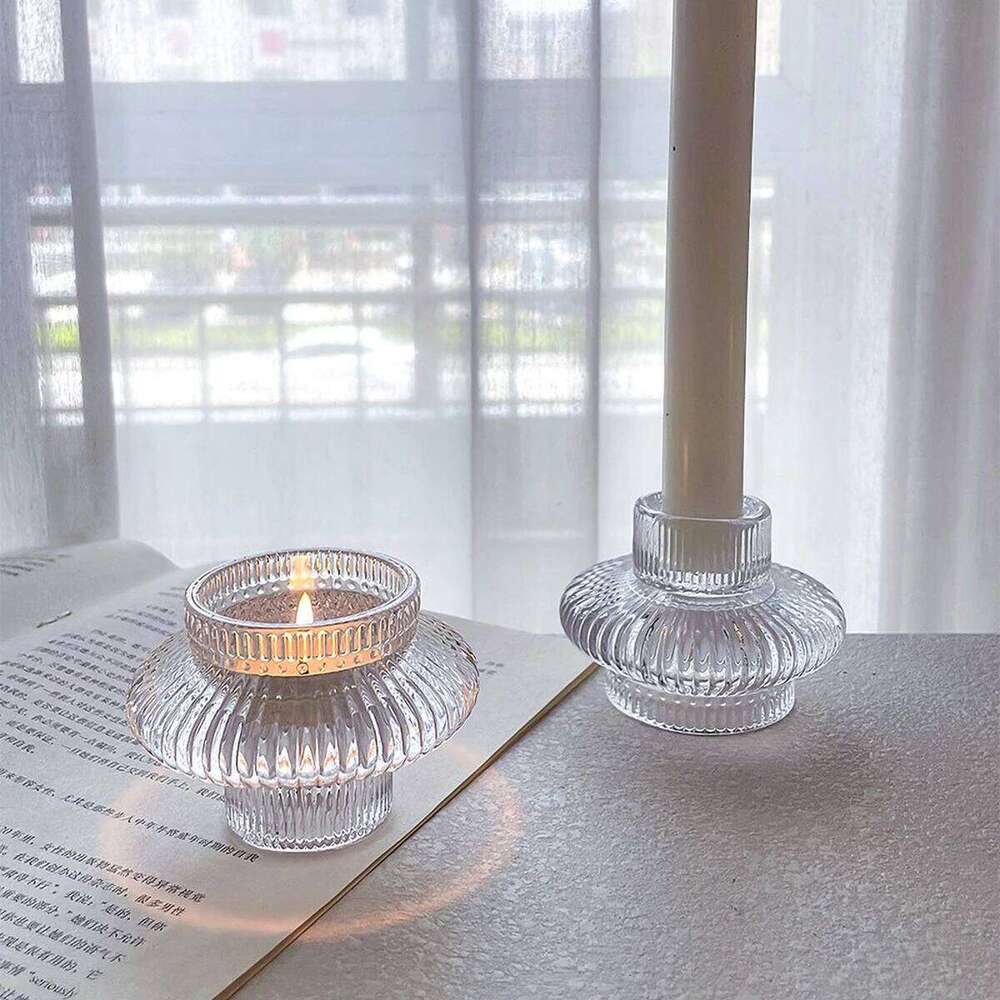 Clear UFO Shaped Small Glass Candle Holder for Table Design, Transparent Flying Saucer Tealight Candlestick, Modern Home Decor W260226