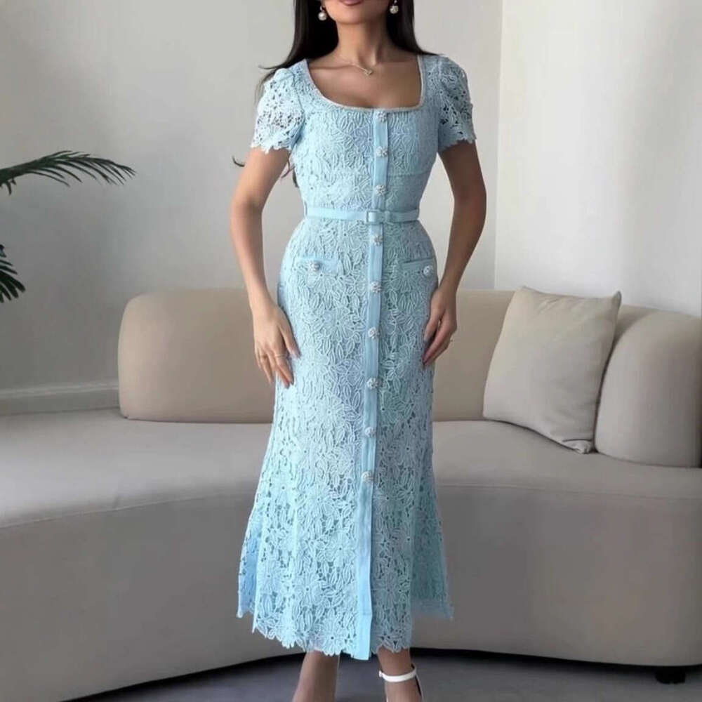 2026 Designer Fashion Brand Lightweight Luxury Women's Elegant Square Collar Lace Waist Slimming Long Skirt