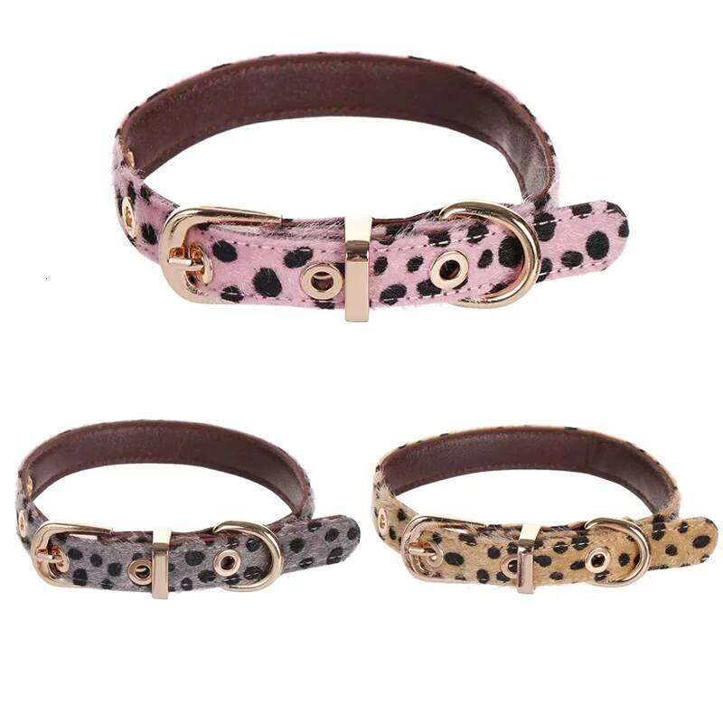 Leopard Pattern Small with Soft PU Leather Dog Metal Leash- Adjustable Comfort Fit Pet Collar for Wal