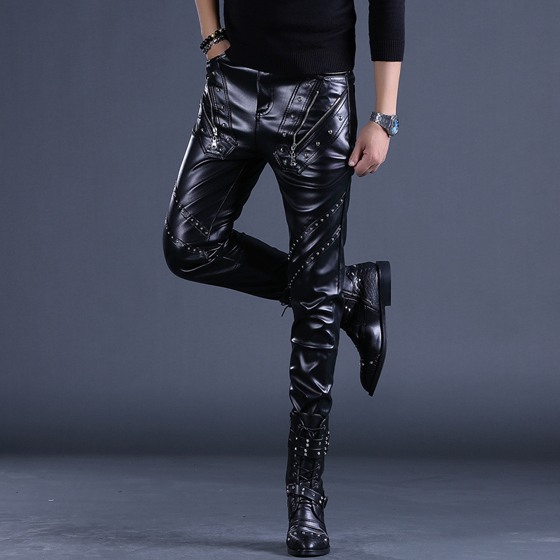 Mens leather pants Korean style slim-fit skinny pants cycling motorcycle performance trendy long pants for men 241115