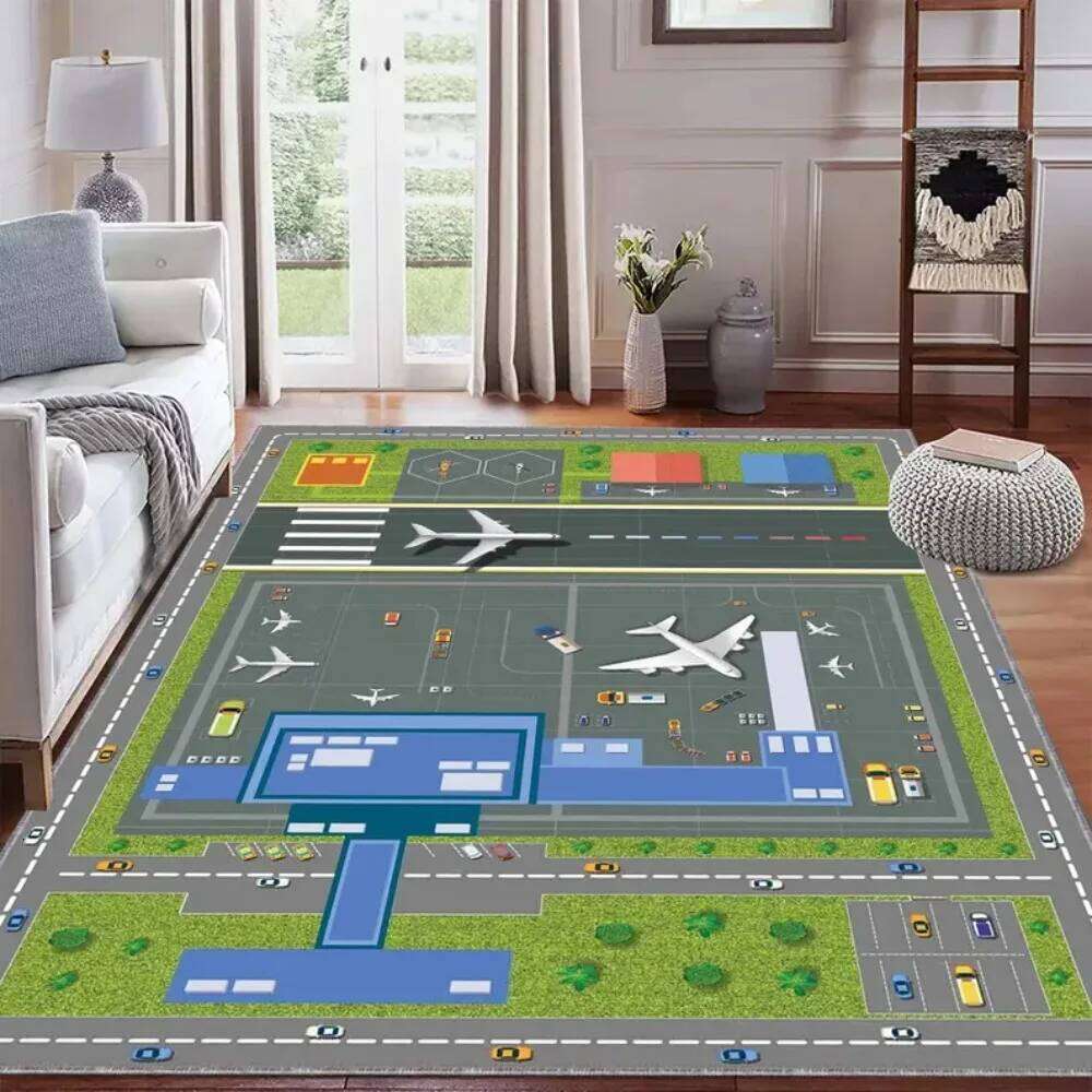 Airport Runway Carpet Rug Aeroplane Theme Home Decoration Non-slip Educational Kids Activity Play Mat with Terminal Design W260226