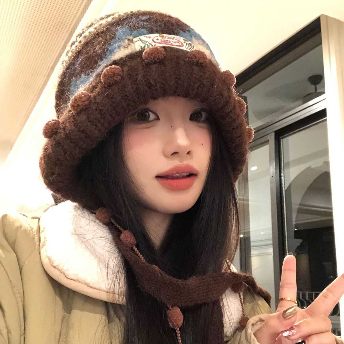 Fair Isle Color-Block Knitted Wool Hat for Women Autumn and Winter Versatile Large Head Circumference Face Slimming Ear Protection Warm Pullover Hat S