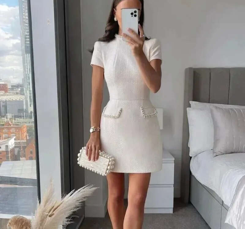 Dress women's elegant floral A-line solid color slim fit short sleeved retro O-neck patch evening collection 2026