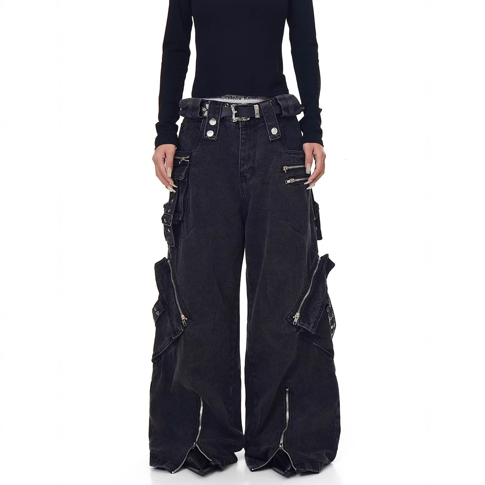 American vibe pants trendy high street brand black lace-up jeans for women straight slim-fit zippered cargo pants for spring240806