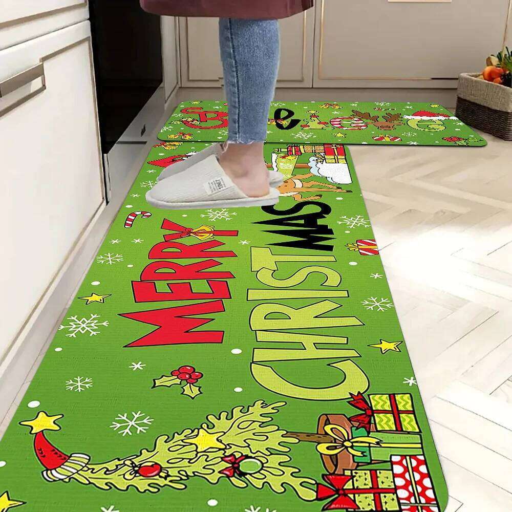 VIKAMA 2pc Christmas Reindeer Snowflake Pattern Rug, Warm Non-Slip, Dirt-Proof Carpet, Home Decor, For Kitchen & Laundry Room W260226