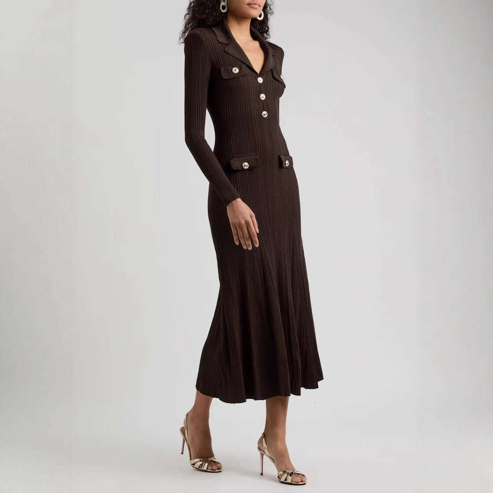 Autumn and winter goddess elegant temperament lightweight style versatile lapel V-neck metal buckle knitted elastic slim long dress 2026