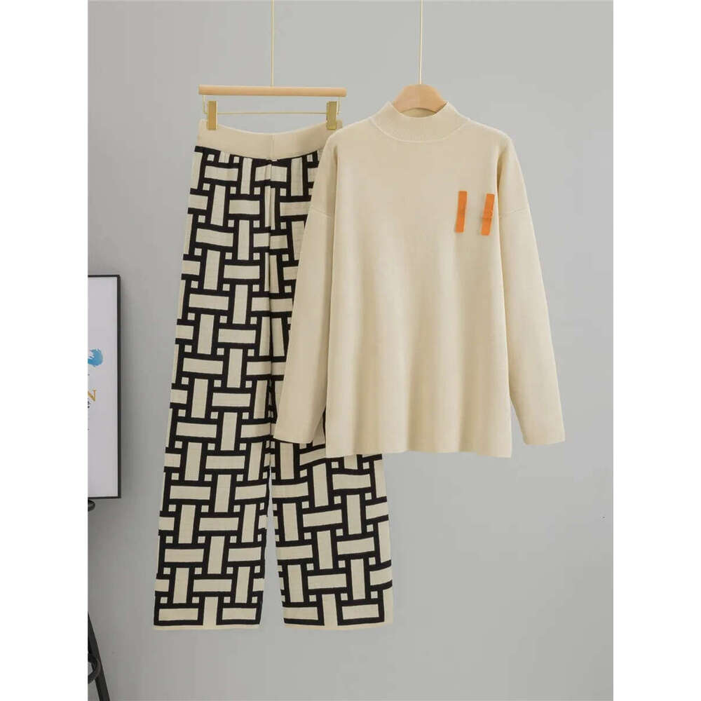 2026 Designer Women's Half High Collar Knitted Sweater Set, Casual Wide Leg Pants Two Piece Set