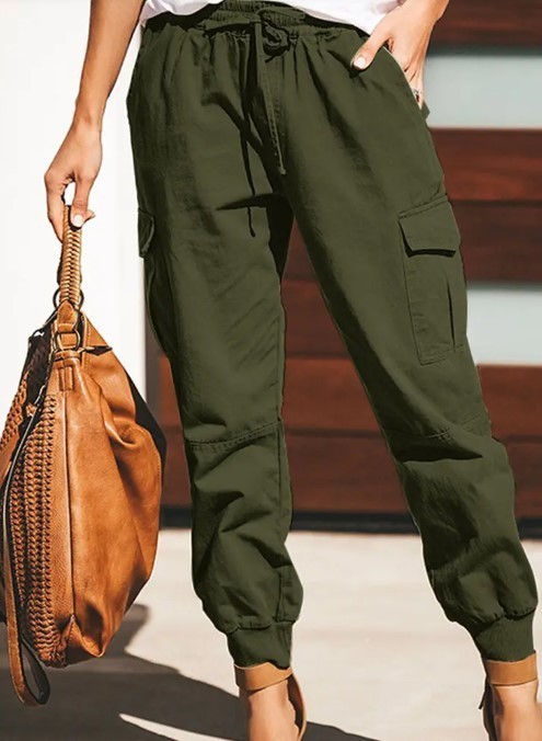 2024 Womens Solid Color Casual Fashion Pocket Drawstring Cargo Pants High Waist Womens Pants251022