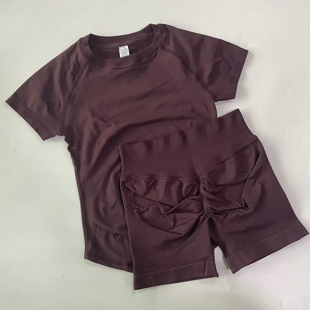 2 Pieces Women Yoga Sport Set Longline Short Sleeve Top Yoga Outfit T-shirt Crop Top Gym Clothes Seamless Design 4.5" Leg Length Low Ribbed Band 