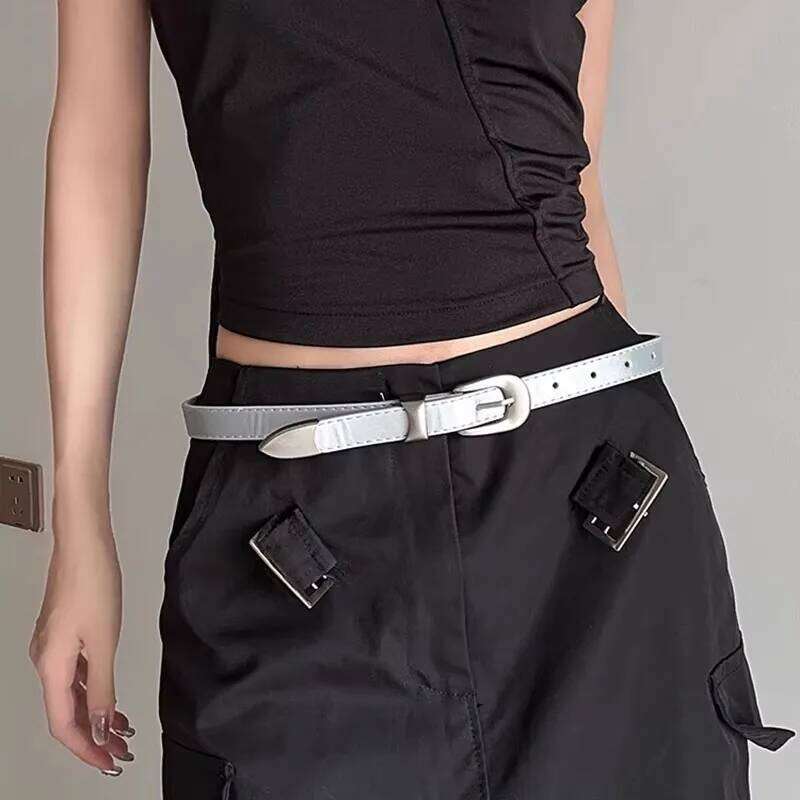 1pcs metal silver buckle thin for women 2025 new simple personality niche accessories American high street leather belt wit Y260225