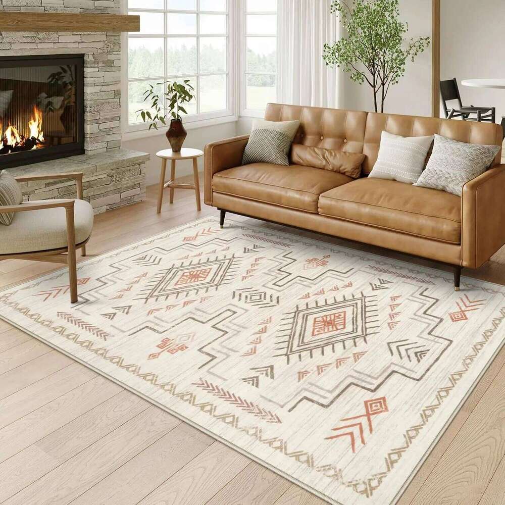 Beige Western and Aztec Tribal Boys Neutral Rug Living Room, Soft Non-Slip Stain Resistant Large Carpet for Bedroom Dining W260226