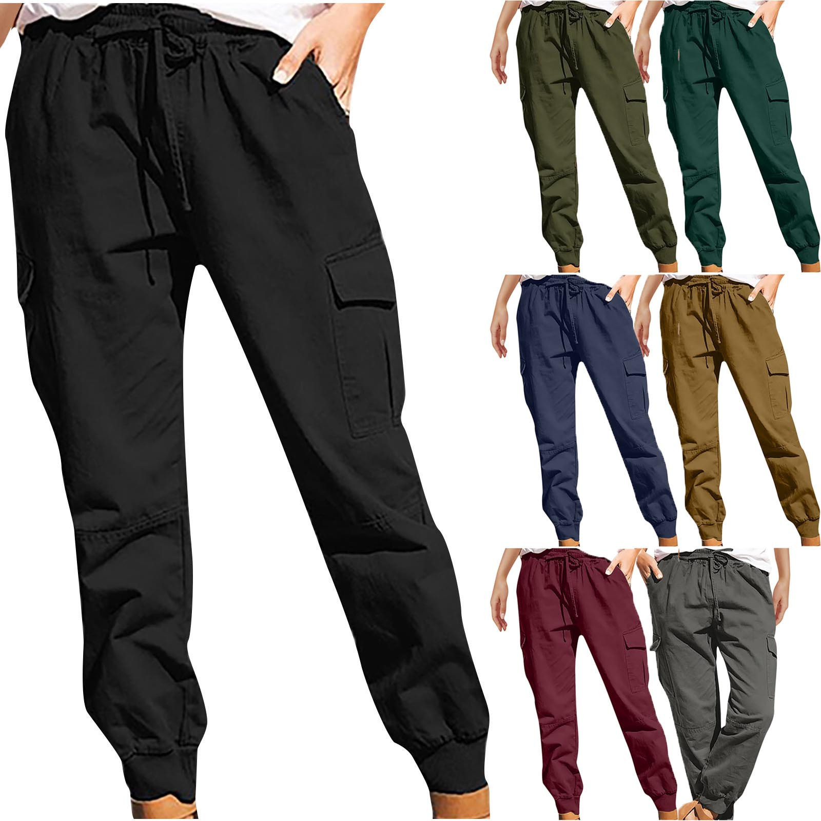 2024 Womens Solid Color Casual Fashion Pocket Drawstring Cargo Pants High Waist Womens Pants251022