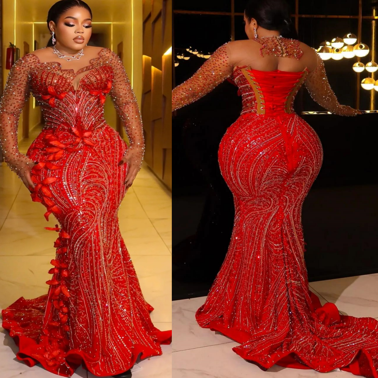 Aso Ebi Red 2026 Prom Dress Mermaid Evening Dresses For Black Women Beaded Lace Crystals Flora Illusion Long Sleeves Birthday Receiption Gowns Dresses ZJ033