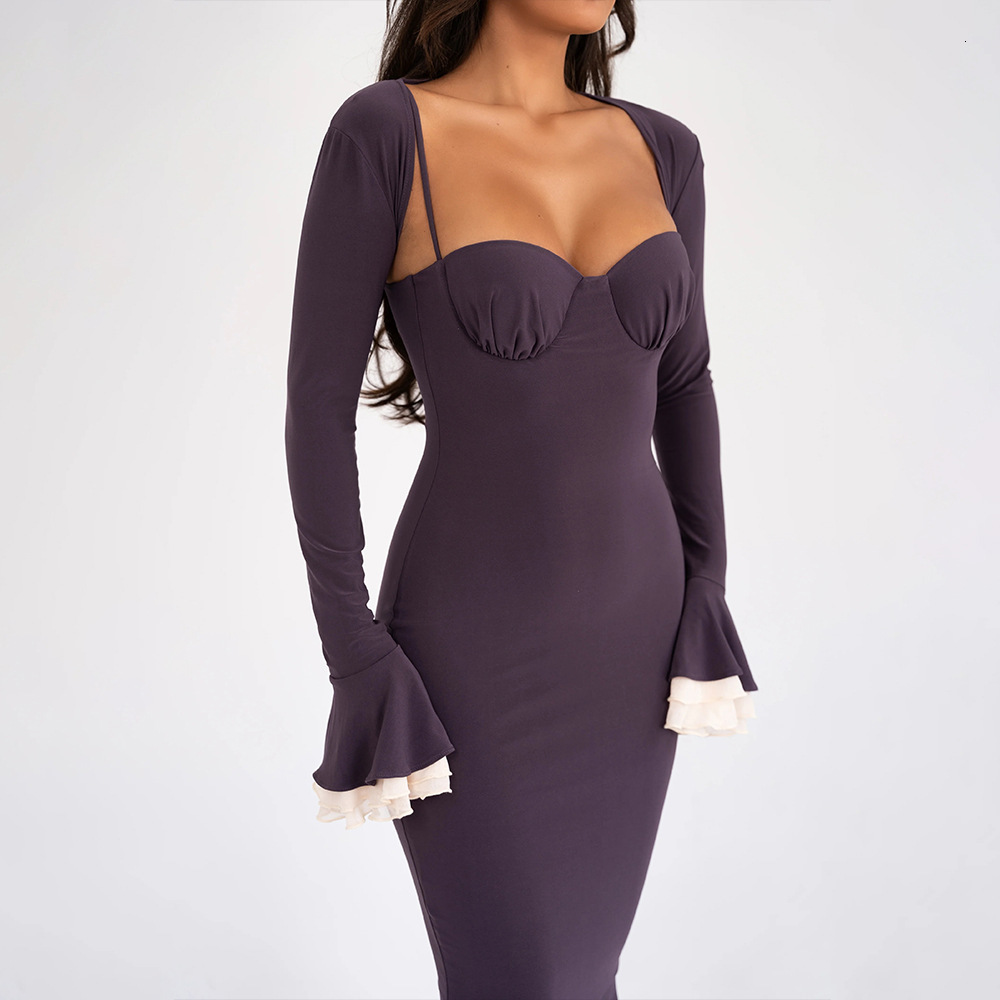 Asia Mesh Satin Dress Long Sleeve See Through Patchwork Cut out Boned Pads Midi Corset Sexy Women Party Bodycon es 220507