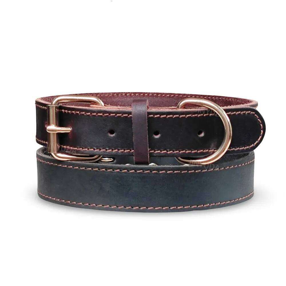 Genuine Leather Dog Collar Solid Copper Ring Braided Wear-Resistant Pet Accessories Travel Outdoor Train Walk Animal Supplies