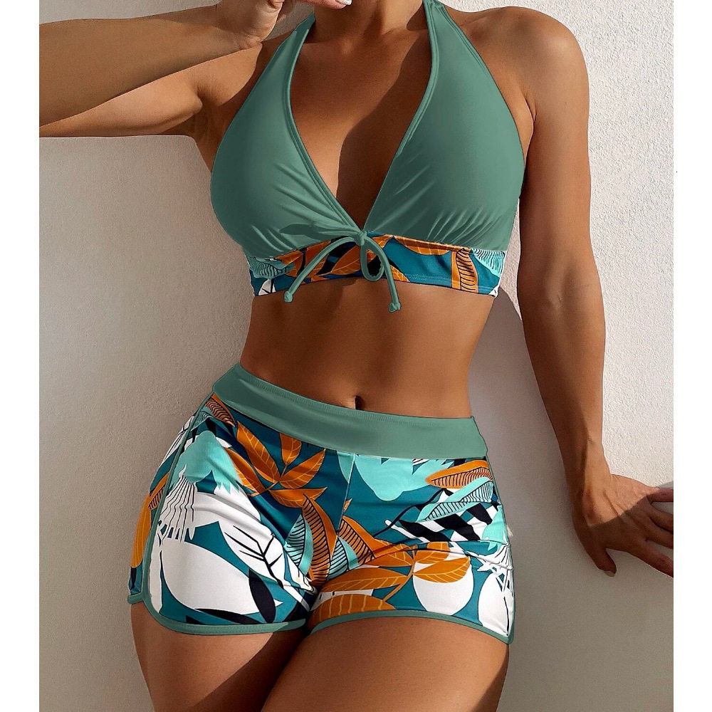 Fashion Printed Swimsuit 2025 New Large Size Womens Halter Neck High Waist Boxer Conservative Beach Swimwear 250306