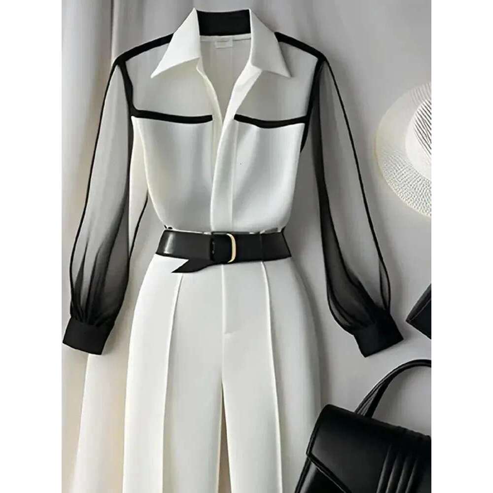 Women's White Pants Loose Set Retro Perspective Autumn Shirt Sleeve Korean Top 2026