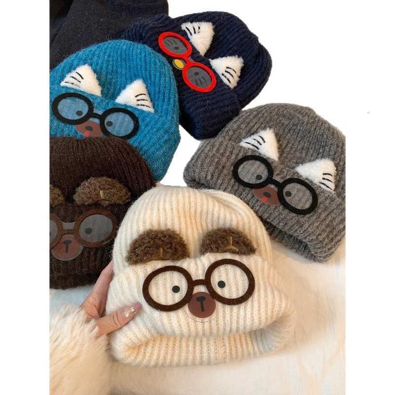 Cute Cat Ear Knitted Hat for Women Autumn and Winter Warmth Large Head Circumference Face Slimming Cartoon Cat Glasses Ear Protection Yarn Hat S260225