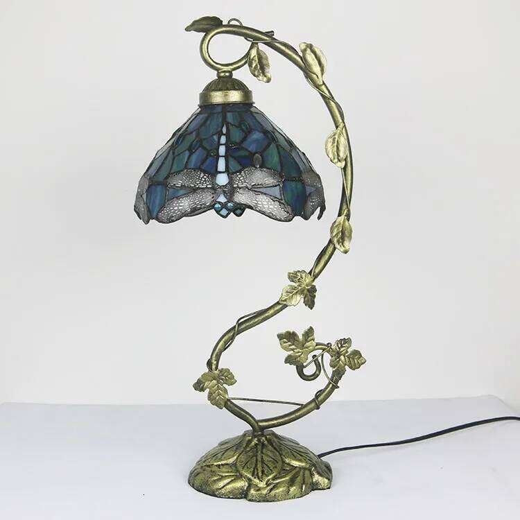 8Inch Desk Banker Stained Glass Bedside Table Lamp Blue Dragonfly Style Metal Leaf Thin Base 21Inch Tal H260225