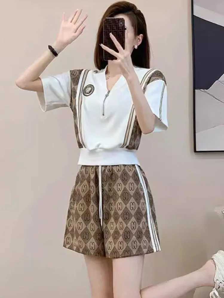 2026 Summer Women's 2 Piece Set, V-neck Short Sleeve Top & High Waist Loose Pants Casual TracksuitT260226