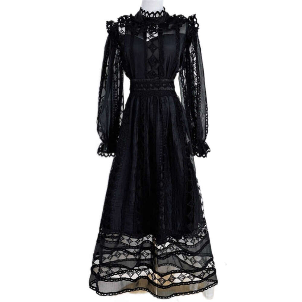 2026 New European and American Women's Design Hollow Lace Splicing Retro Style Long Skirt
